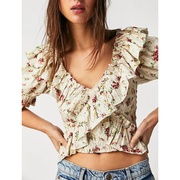Free People Favorite Girl Top Romantic Floral Ruffle Smocked Boho Cottagecore Sm - Picture 3 of 16